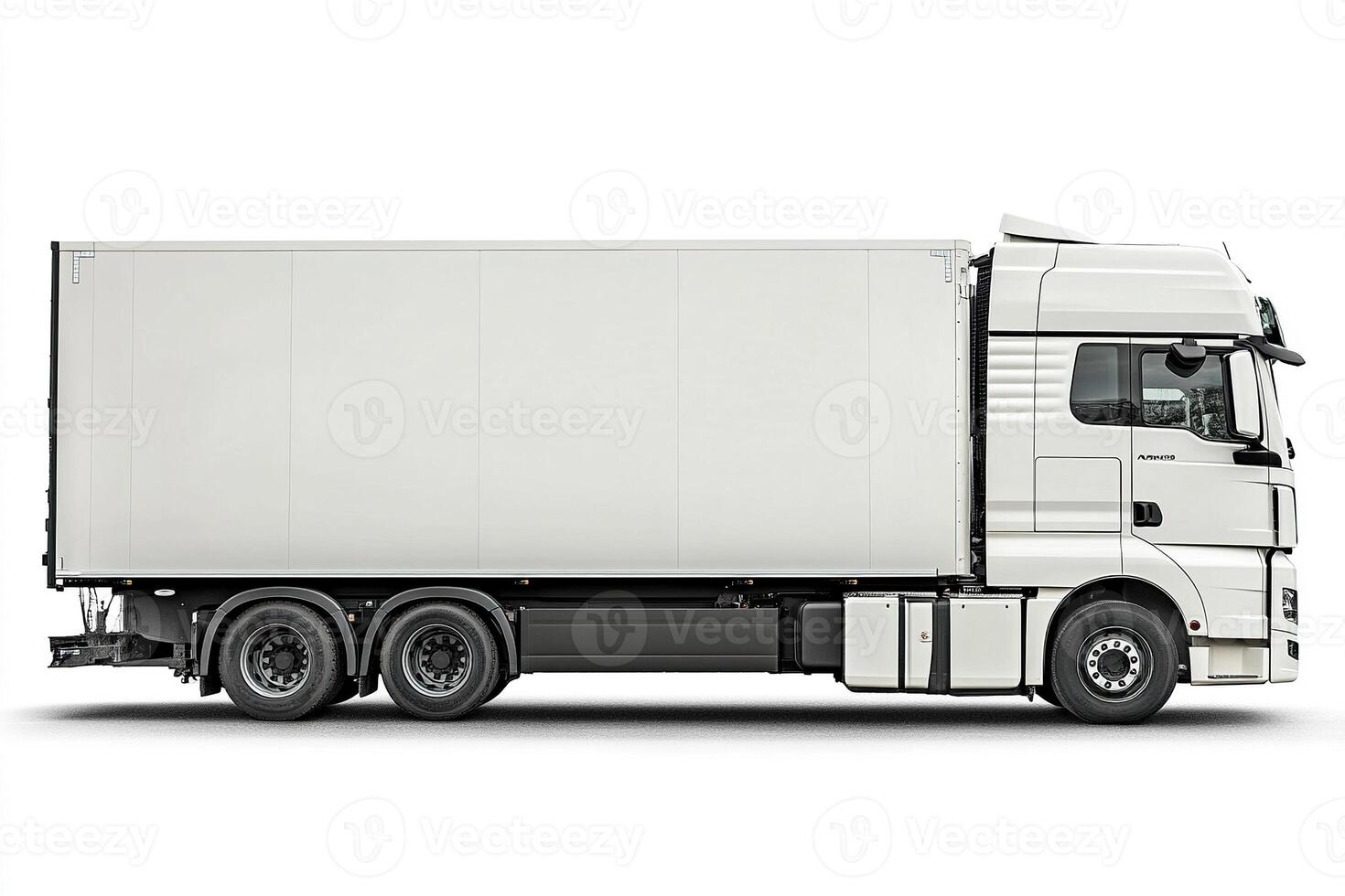 White truck and trailer without inscriptions and drawings on a white background. Concept of cargo and goods transportation. Generated by artificial intelligence photo