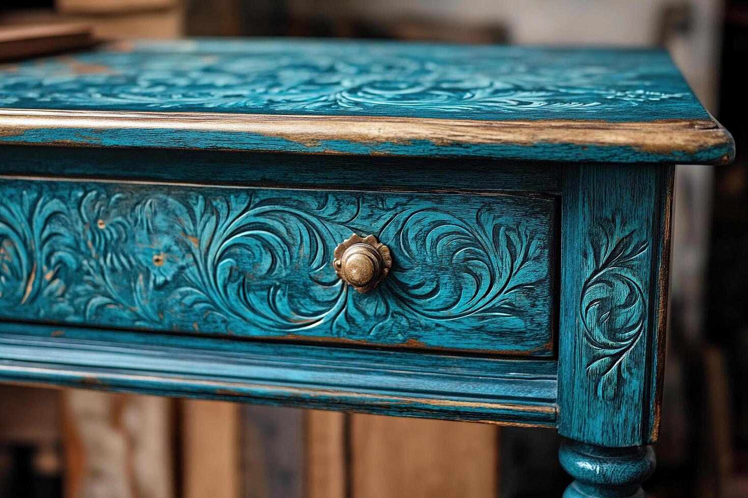 Photo of an antique wooden table in turquoise color with a drawer and carvings as decoration. Restoration of old furniture
