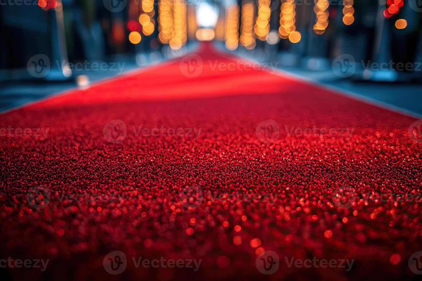 Long red carpet with railings and golden bokeh background. The concept of celebrity, festival, famous guests. photo