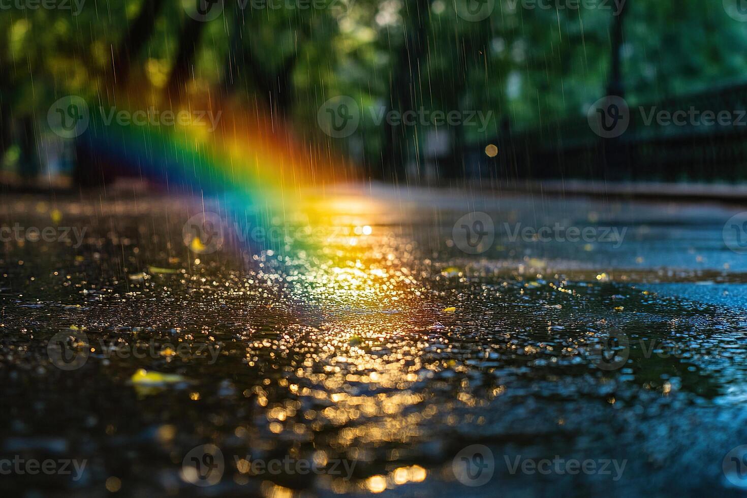 Photo of wet asphalt and rainbow during rain and sun at the same time. Generated by artificial intelligence