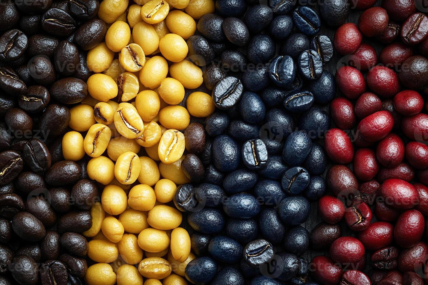 Coffee beans of different varieties and different colors lie in rows. Coffee background. photo