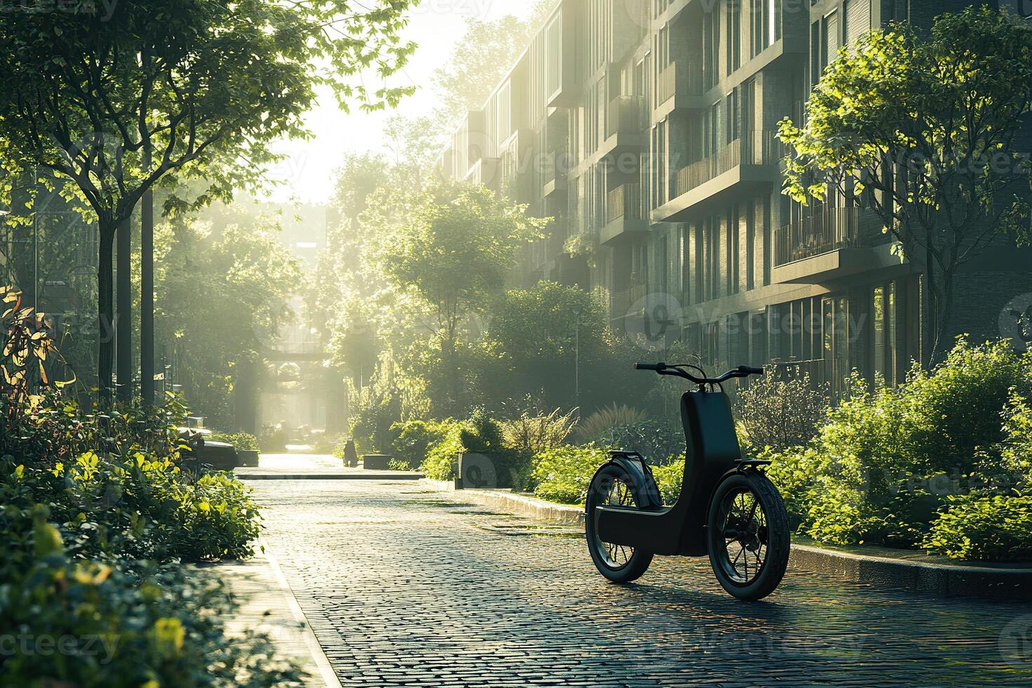 An electric motorcycle stands on a quiet green city street. Transition to environmentally friendly transport. photo