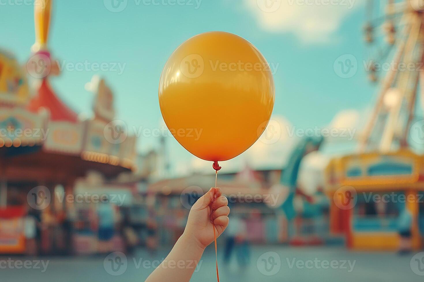 Yellow helium balloon in a child's hand against the background of an amusement park. Children's Day concept photo