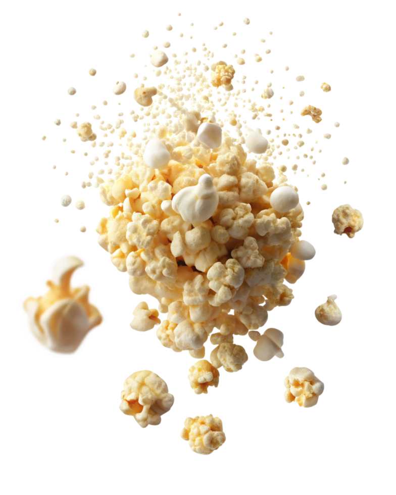 Perfectly seasoned salted popcorn flying on transparent background png
