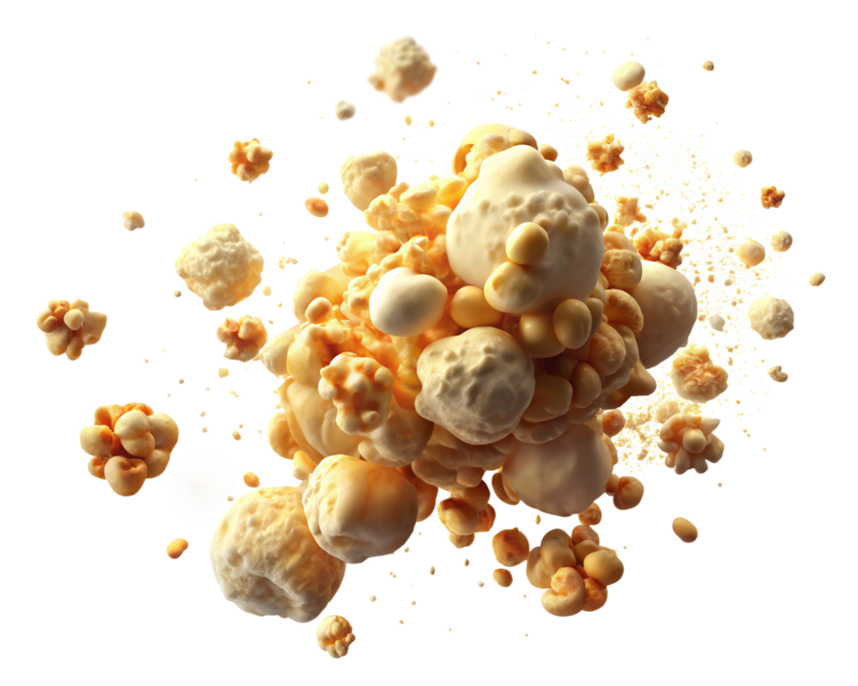 Fresh and crunchy flying popcorn with salt on transparent background png