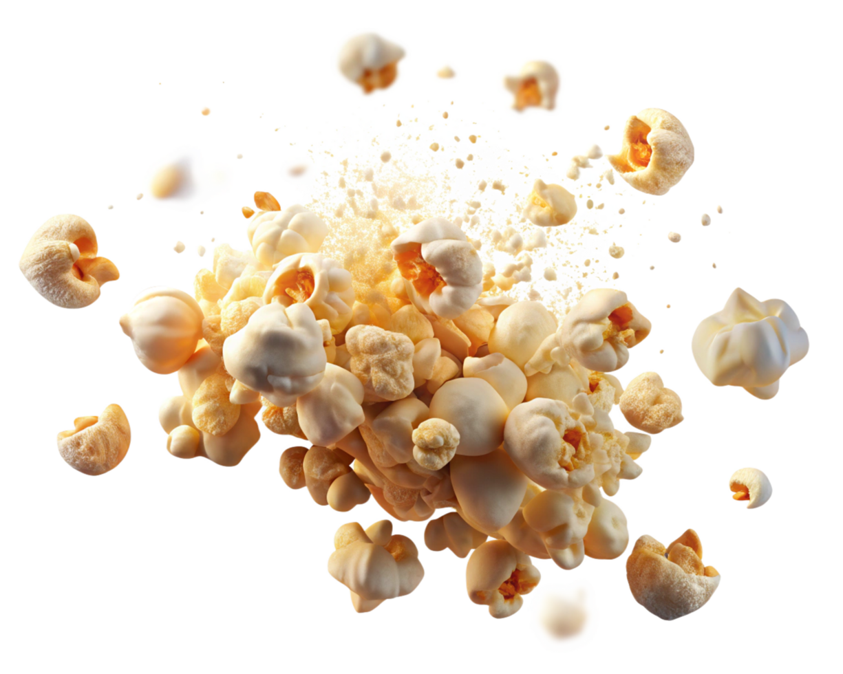 Tasty popcorn kernels tossed in the air on transparent background png