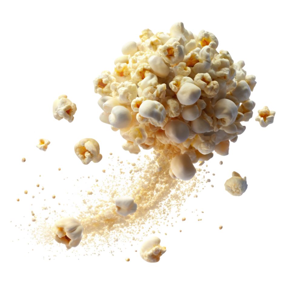 Delicious salted popcorn flying in mid-air on transparent background png