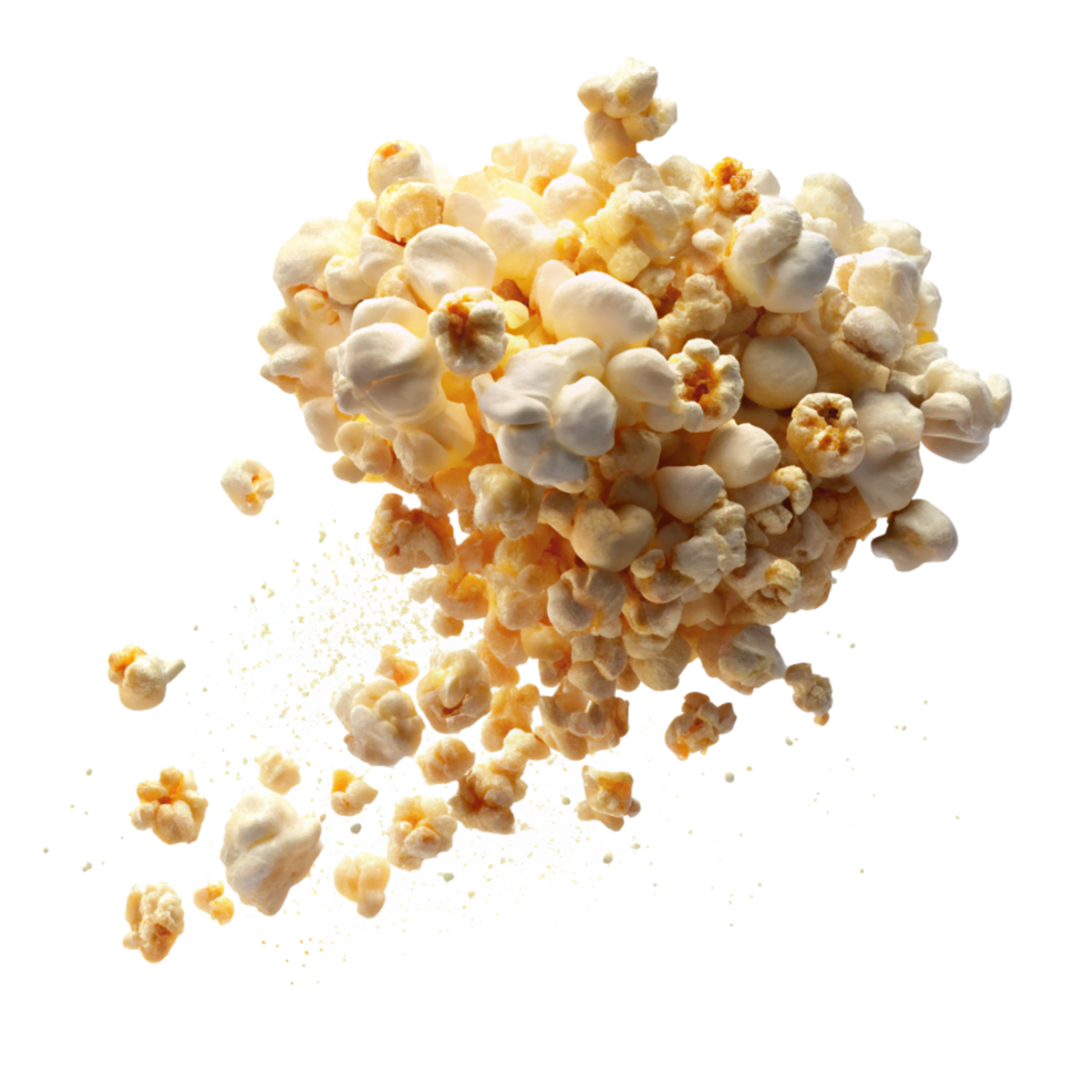 Light golden popcorn flying dynamically on transparent background png