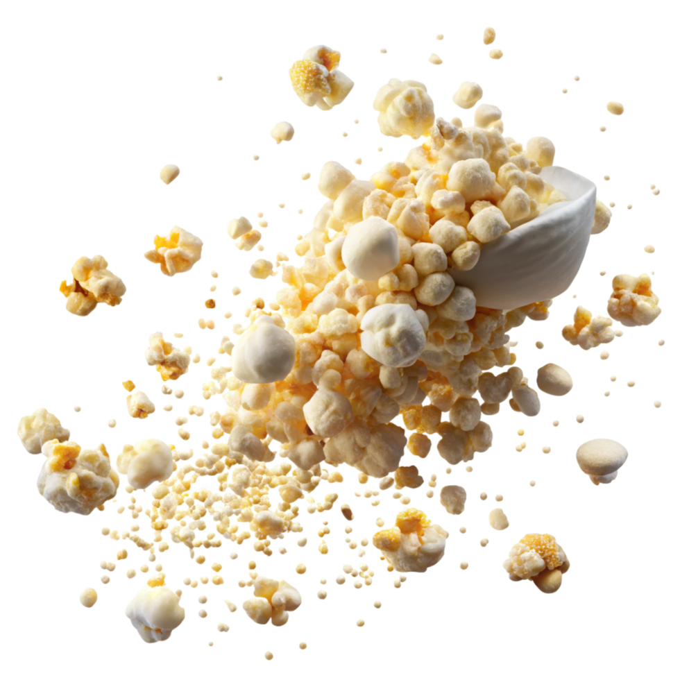 Crispy floating popcorn pieces with salt seasoning on transparent background png