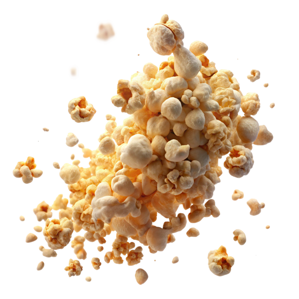 Airy and crispy salt popcorn floating on transparent background png