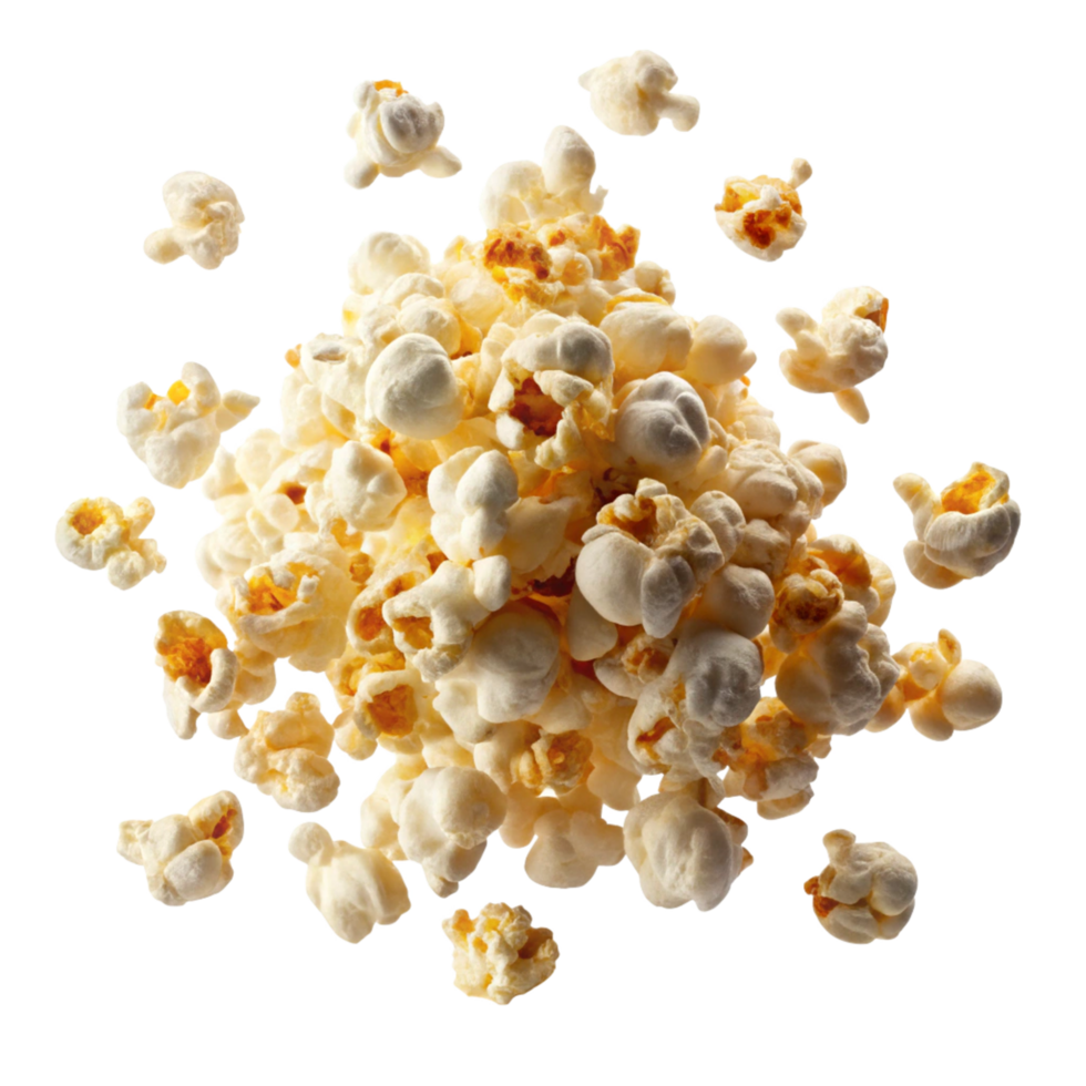 Crispy and fluffy flying popcorn on transparent background png