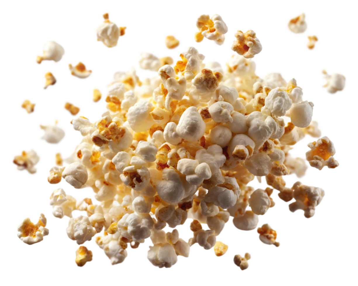 White salted popcorn suspended in the air on transparent background png