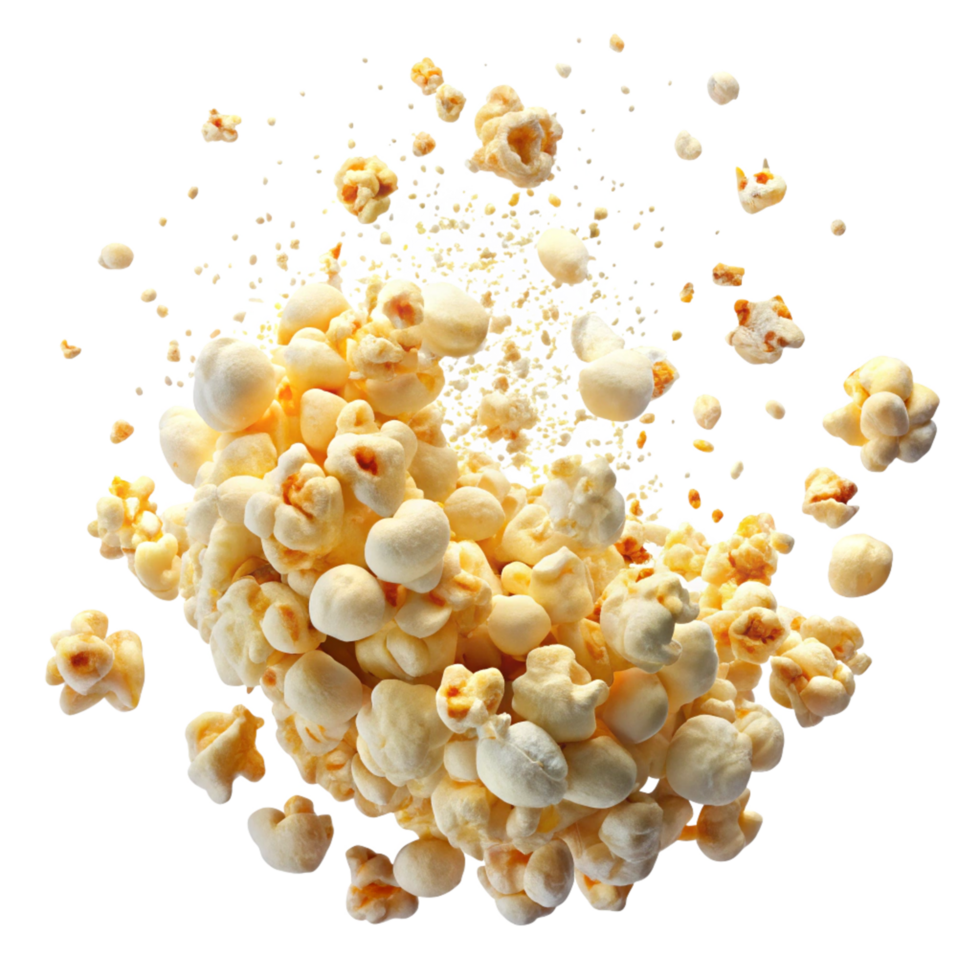 Flying salted popcorn pieces with crunchy texture on transparent background png