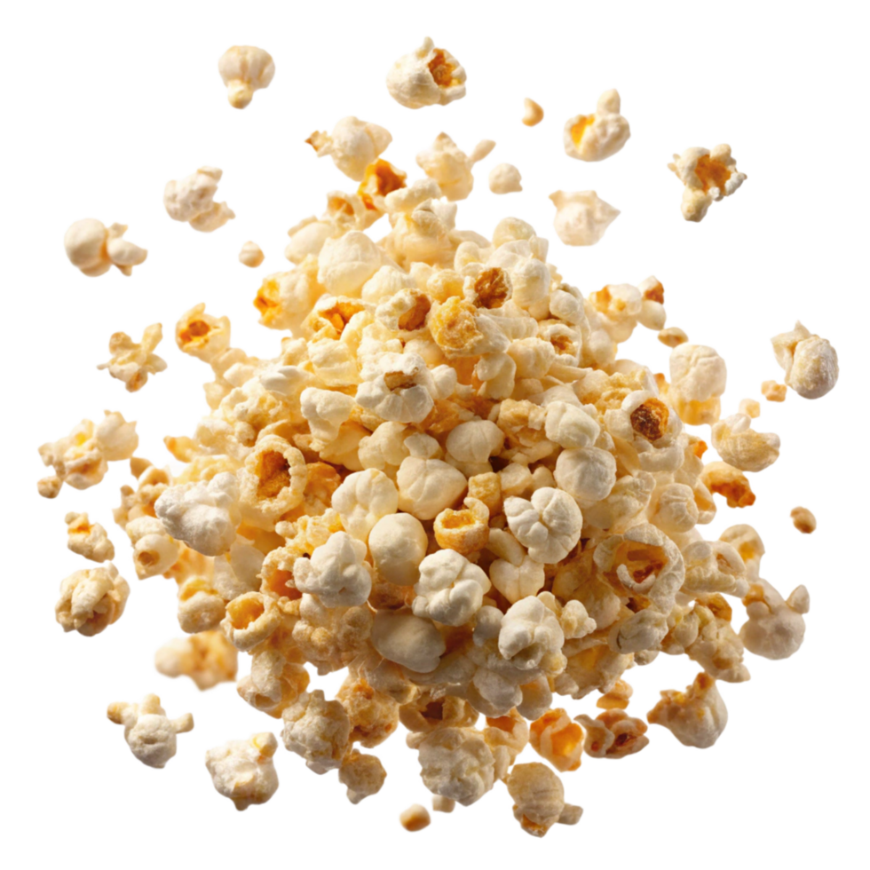 Delicious flying popcorn with salt seasoning on transparent background png