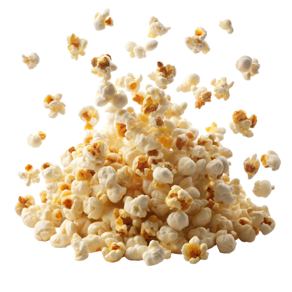 Tasty salted popcorn kernels floating on transparent background png