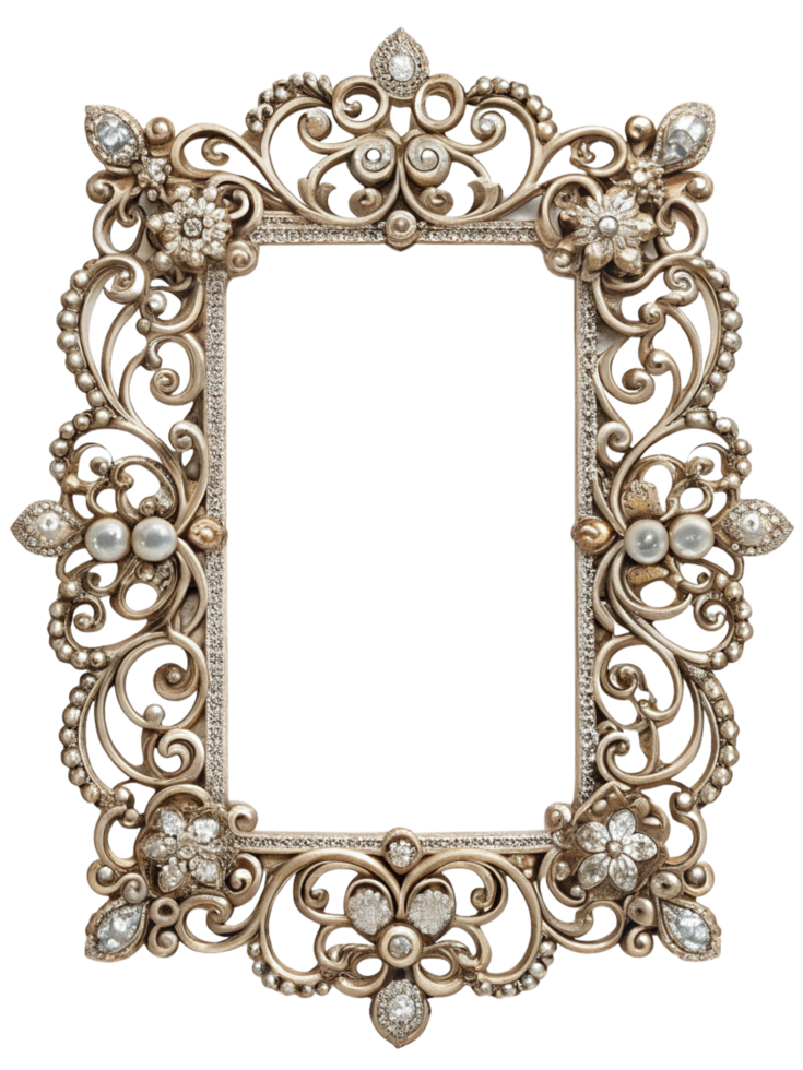 Magnificent ornamental frame with intricate carvings and shimmering stones on transparent background png