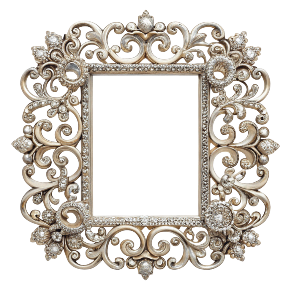 Luxury ornamental frame with ornate metallic details and shimmering gemstones on transparent background png