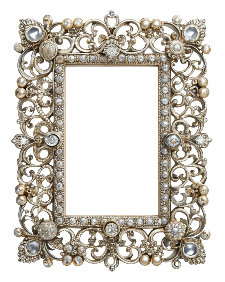 Sparkling gemstone-embedded ornamental frame with exquisite styling on transparent background png