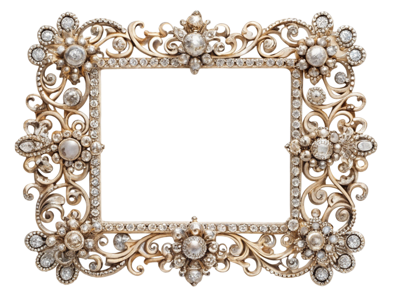 Regal ornamental frame with intricate goldwork and sparkling diamonds on transparent background png