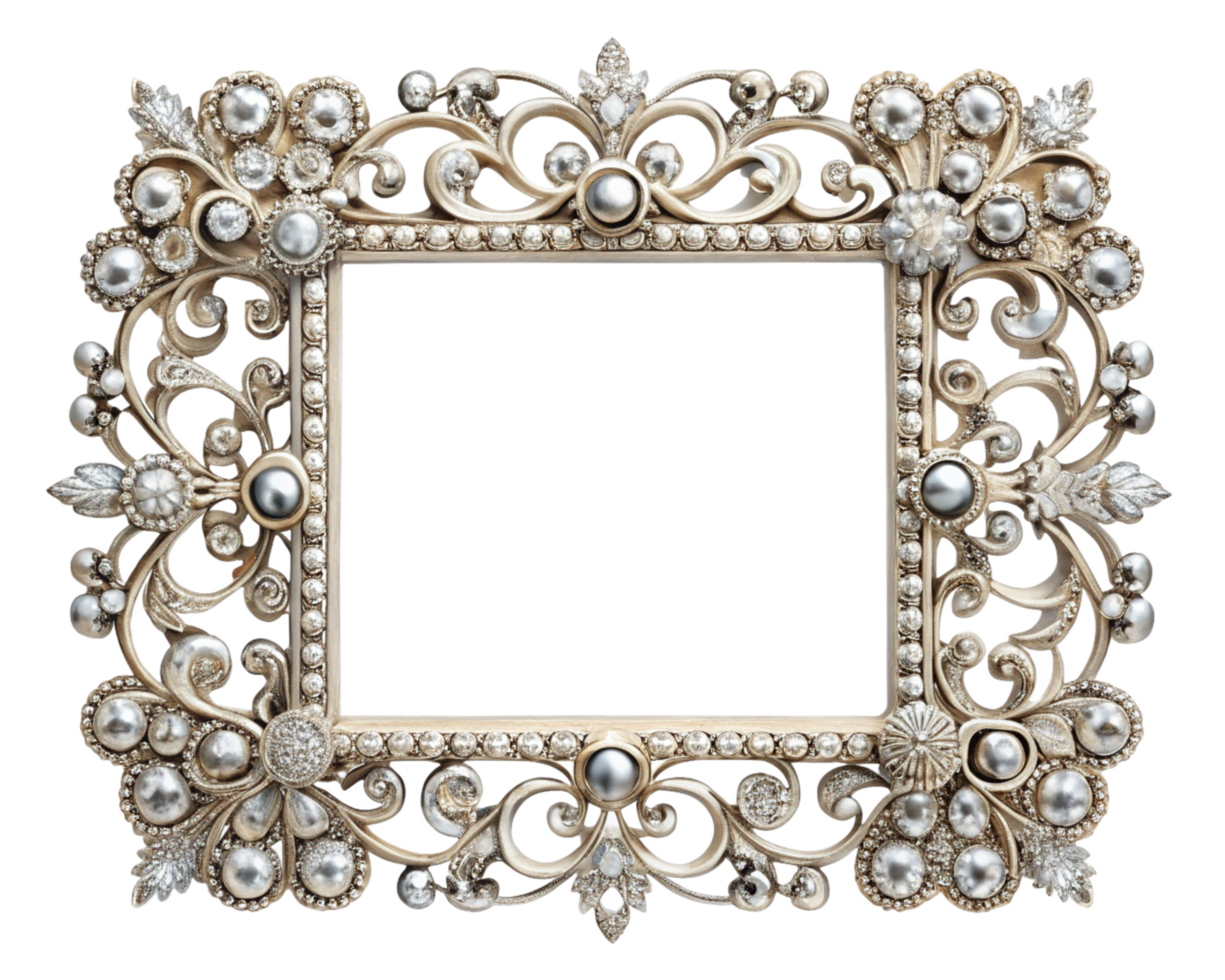 Sophisticated diamond-adorned ornamental frame with baroque details on transparent background png