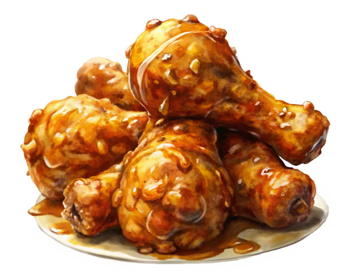 Sweet and savory fried chicken drumstick with a sticky honey glaze on transparent background png
