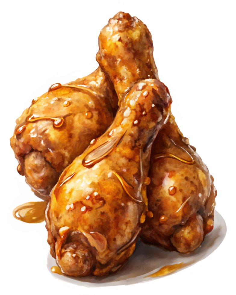 Fried chicken drumstick covered in a rich honey glaze for a perfect taste on transparent background png