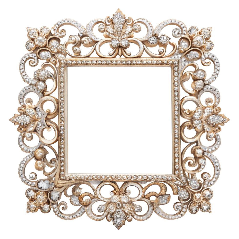 Luxurious ornamental frame with shimmering diamonds and decorative flourishes on transparent background png
