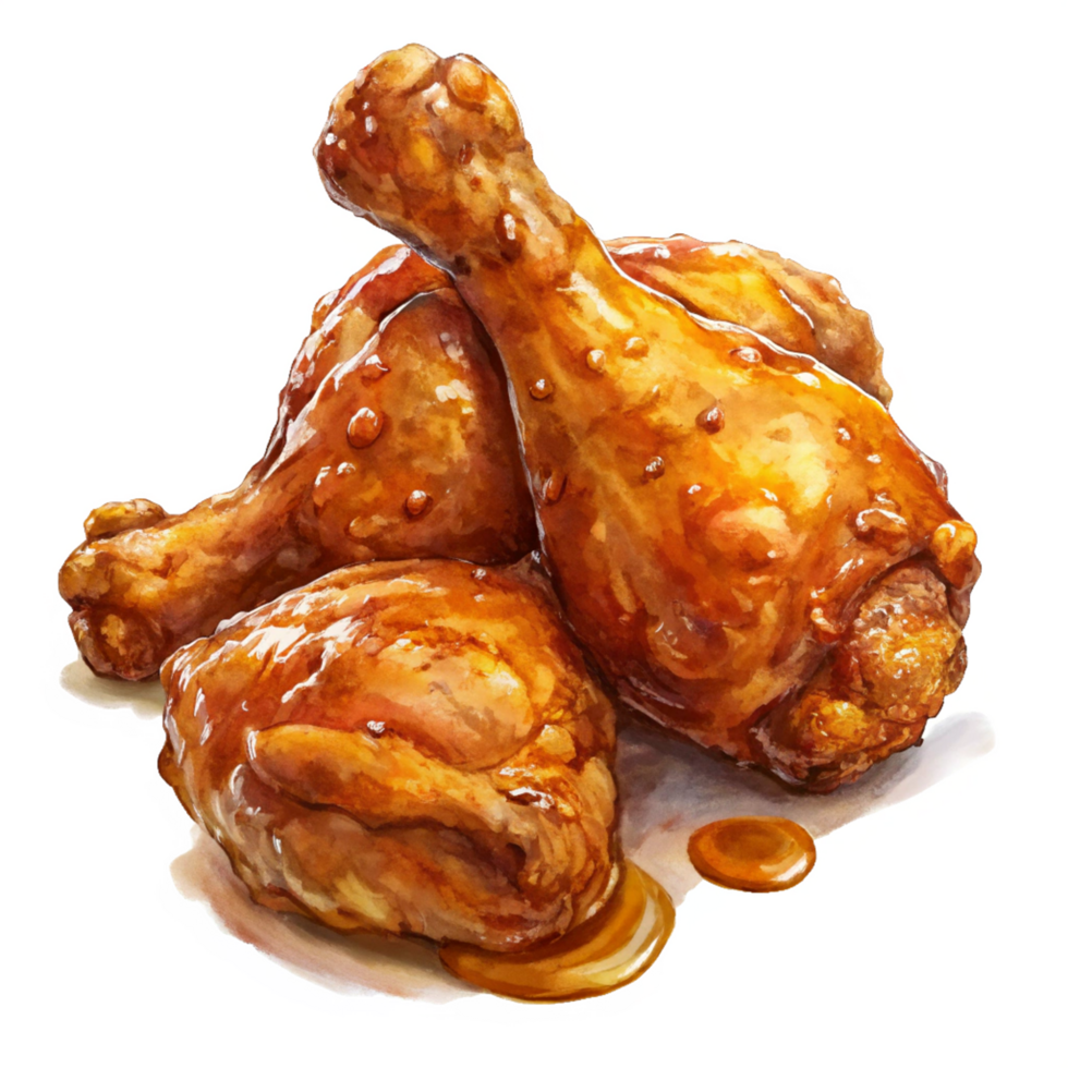 Fried chicken drumstick with a glossy and golden honey glaze on transparent background png