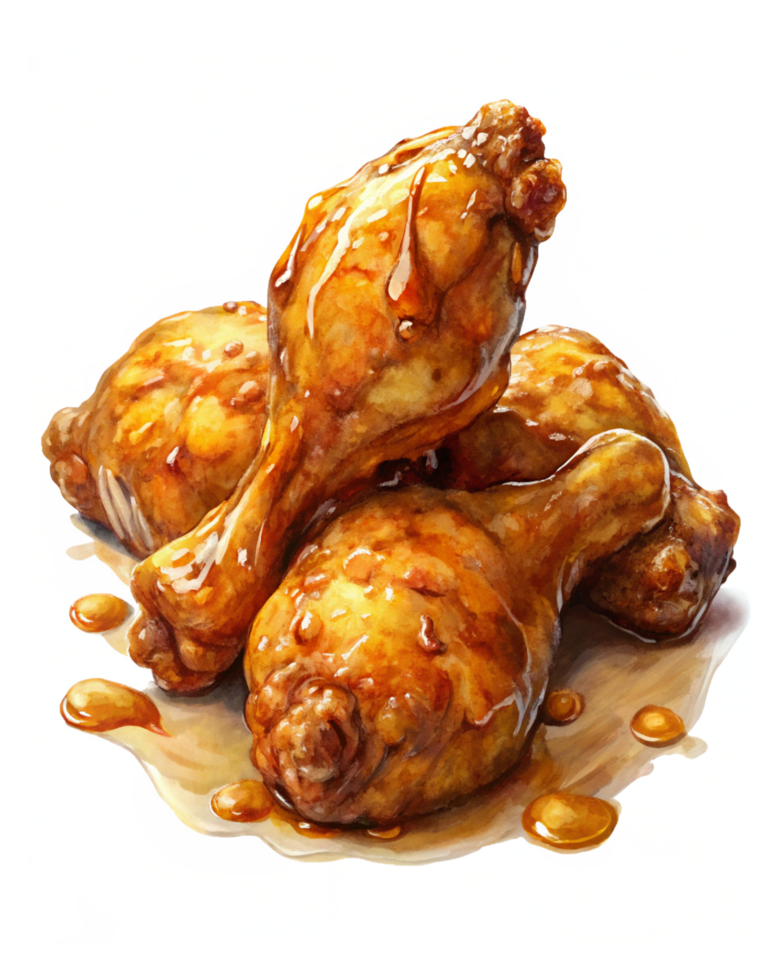 Deep-fried chicken drumstick smothered in luscious honey glaze on transparent background png
