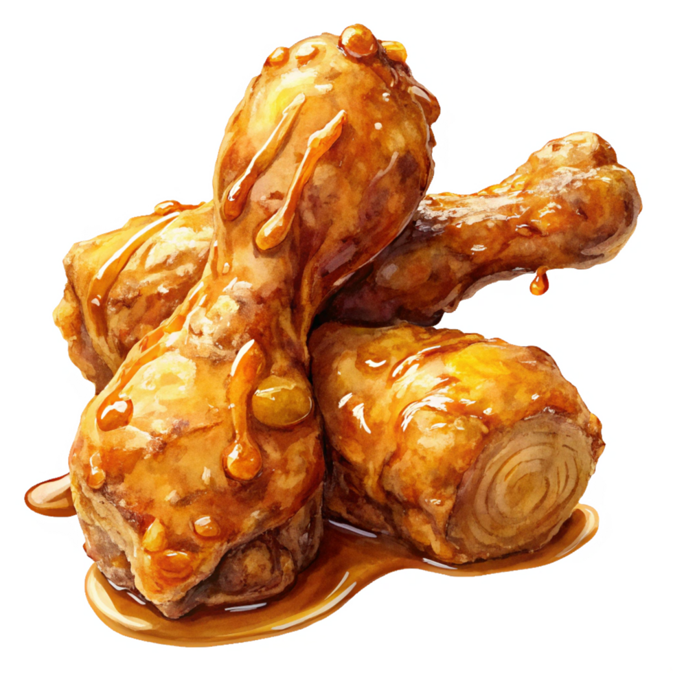 Savory fried chicken drumstick with a crispy honey-glazed shell on transparent background png
