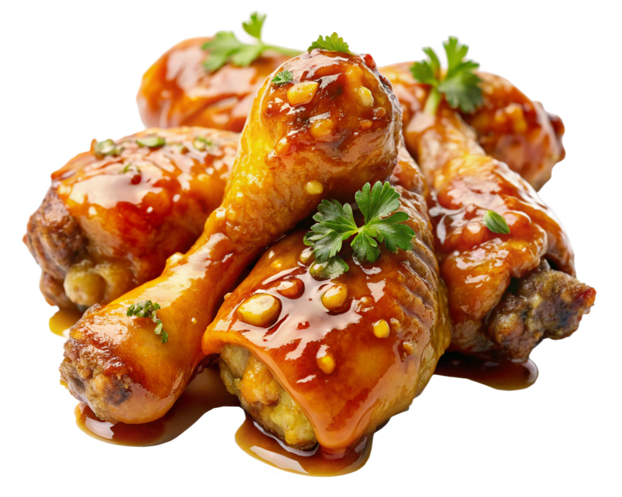 Perfectly crisp honey-glazed fried chicken drumstick with rich flavor on transparent background png