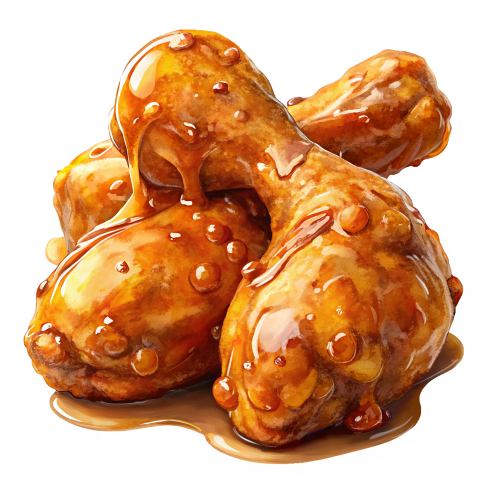 Juicy fried chicken drumstick covered in caramelized honey glaze on transparent background png