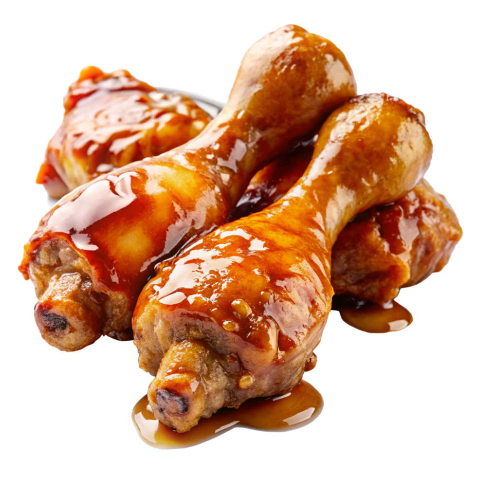 Fried chicken drumstick with a delicious honey glaze coating on transparent background png