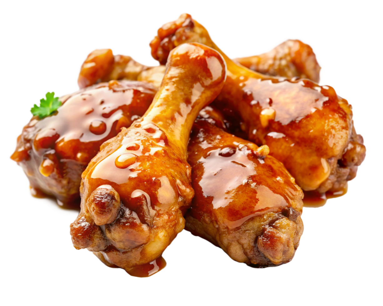 Fried chicken drumstick with a drizzle of golden honey glaze on transparent background png