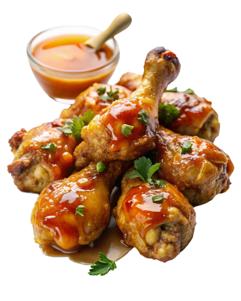 Irresistible honey-coated fried chicken drumstick with golden crust on transparent background png