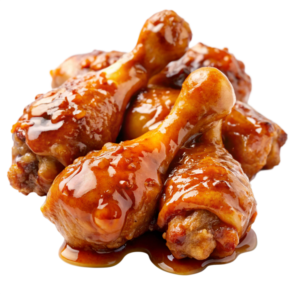 Golden-fried chicken drumstick covered in thick honey glaze on transparent background png