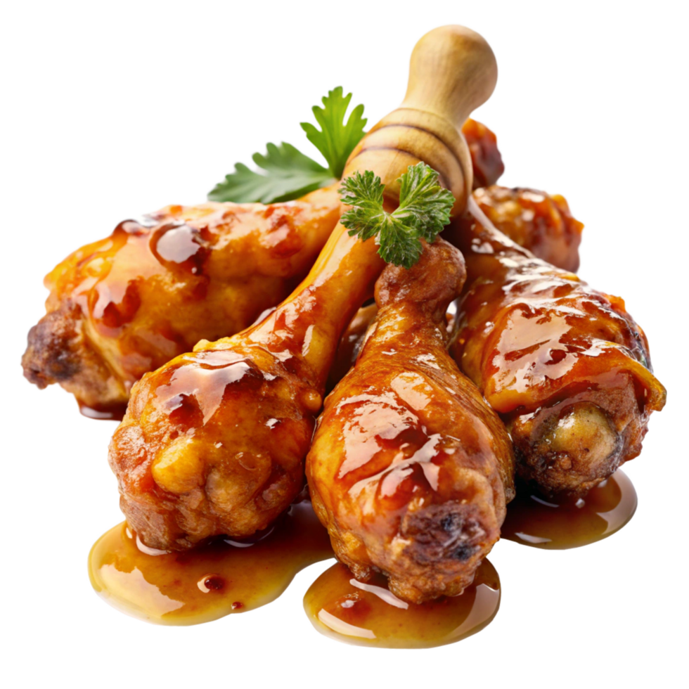 Fried chicken drumstick glistening with thick honey glaze on transparent background png