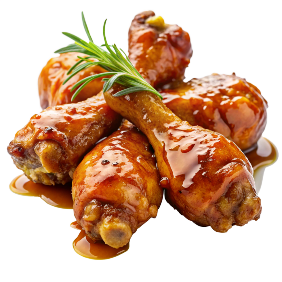 Sweet and crunchy honey-glazed fried chicken drumstick on transparent background png
