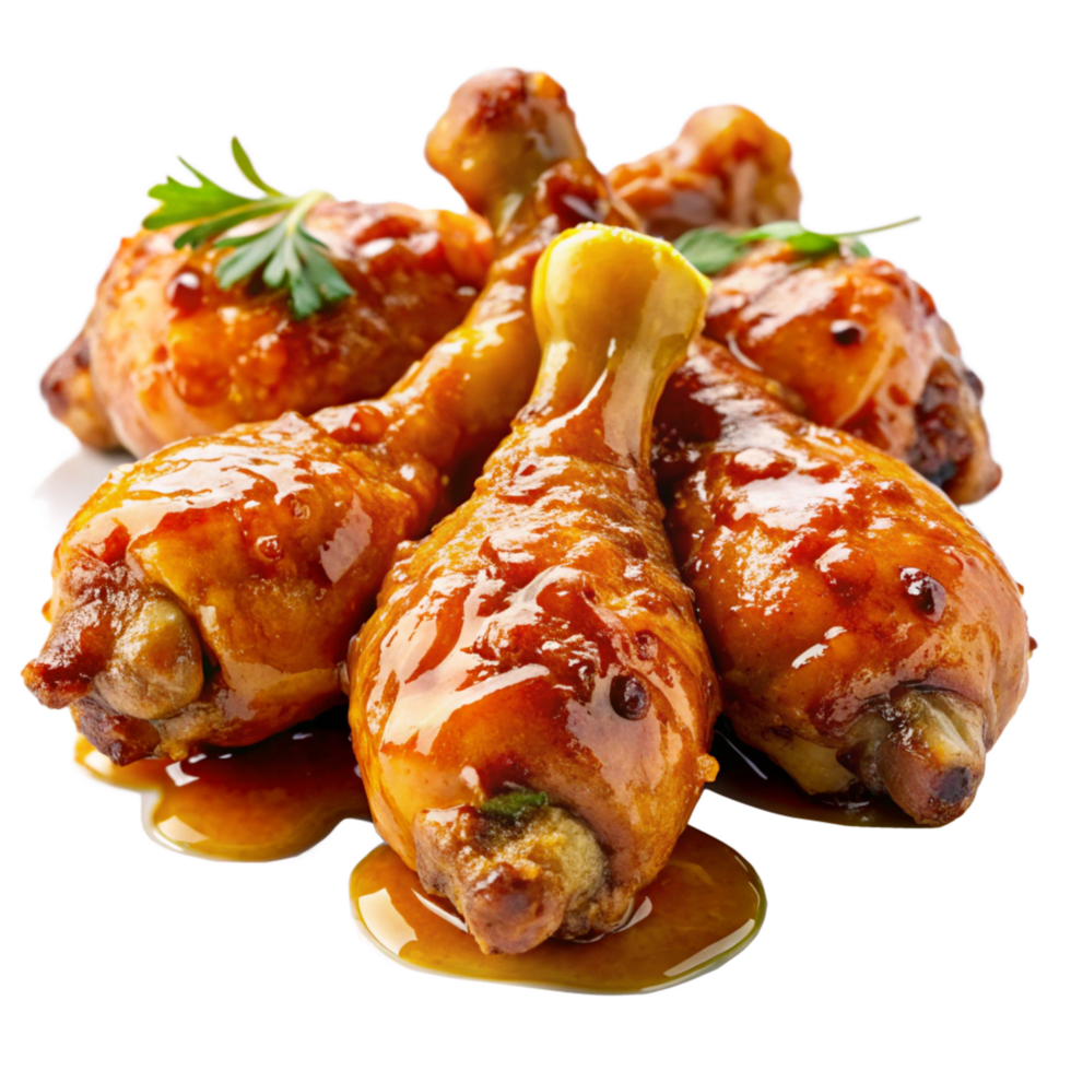Savory fried chicken drumstick topped with sweet honey glaze on transparent background png