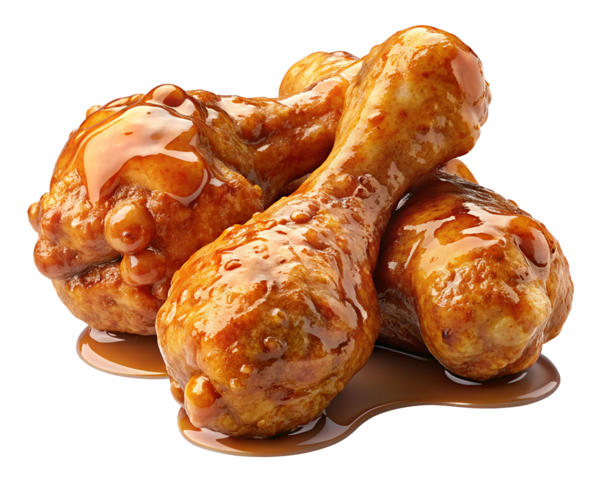 Fried chicken drumstick with caramelized honey glaze and golden crunch on transparent background png