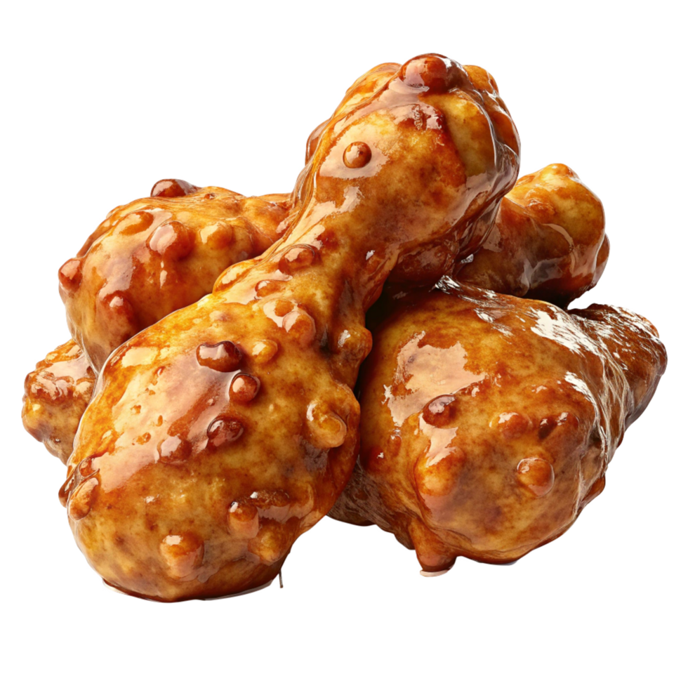 Juicy fried chicken drumstick with a crispy honey glaze shell on transparent background png