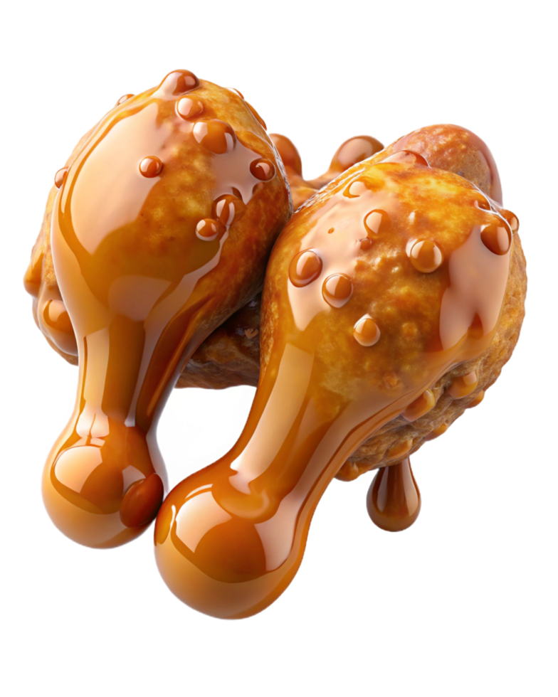 Tasty fried chicken drumstick with honey glaze dripping down on transparent background png