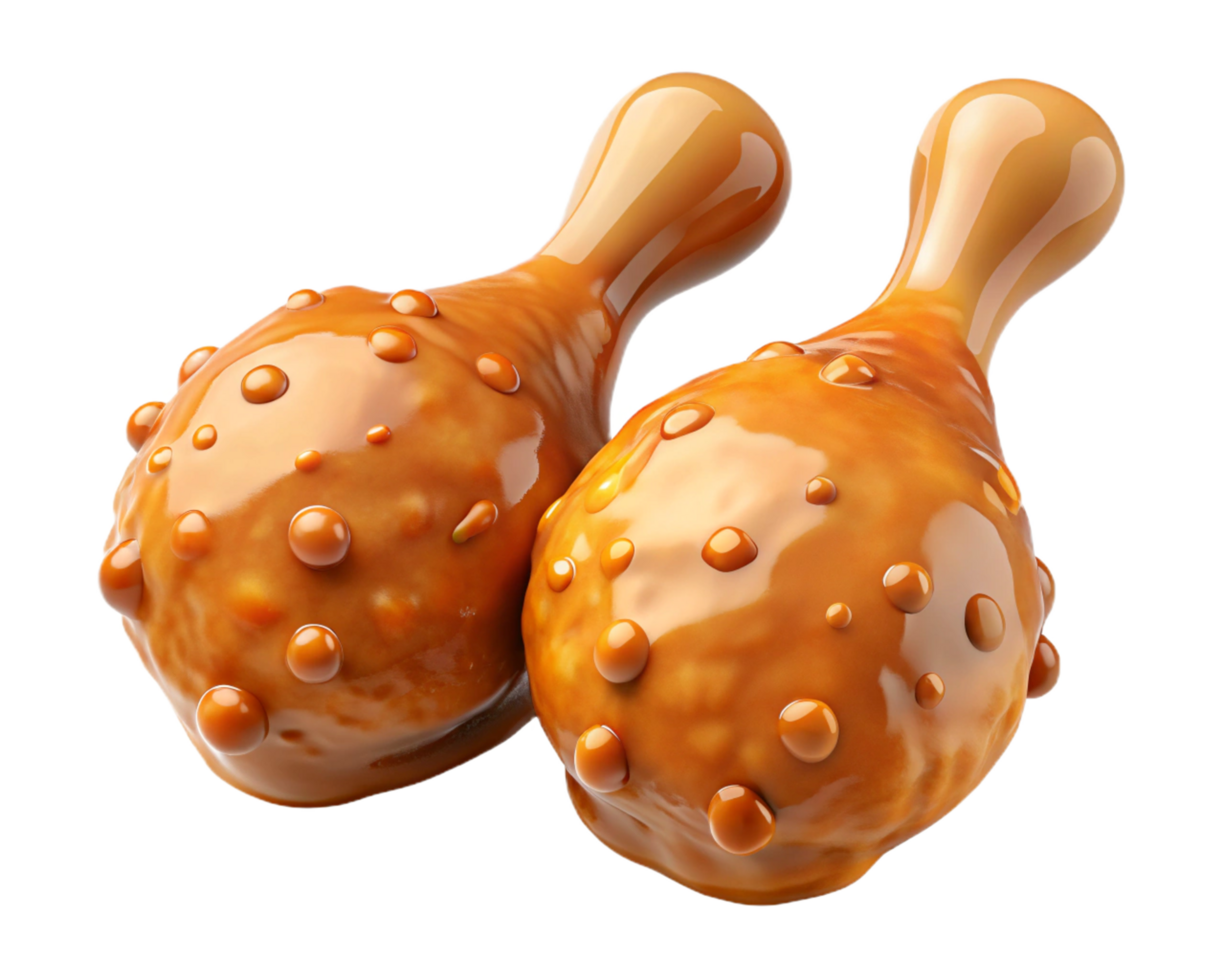 Succulent fried chicken drumstick drenched in sweet honey glaze on transparent background png