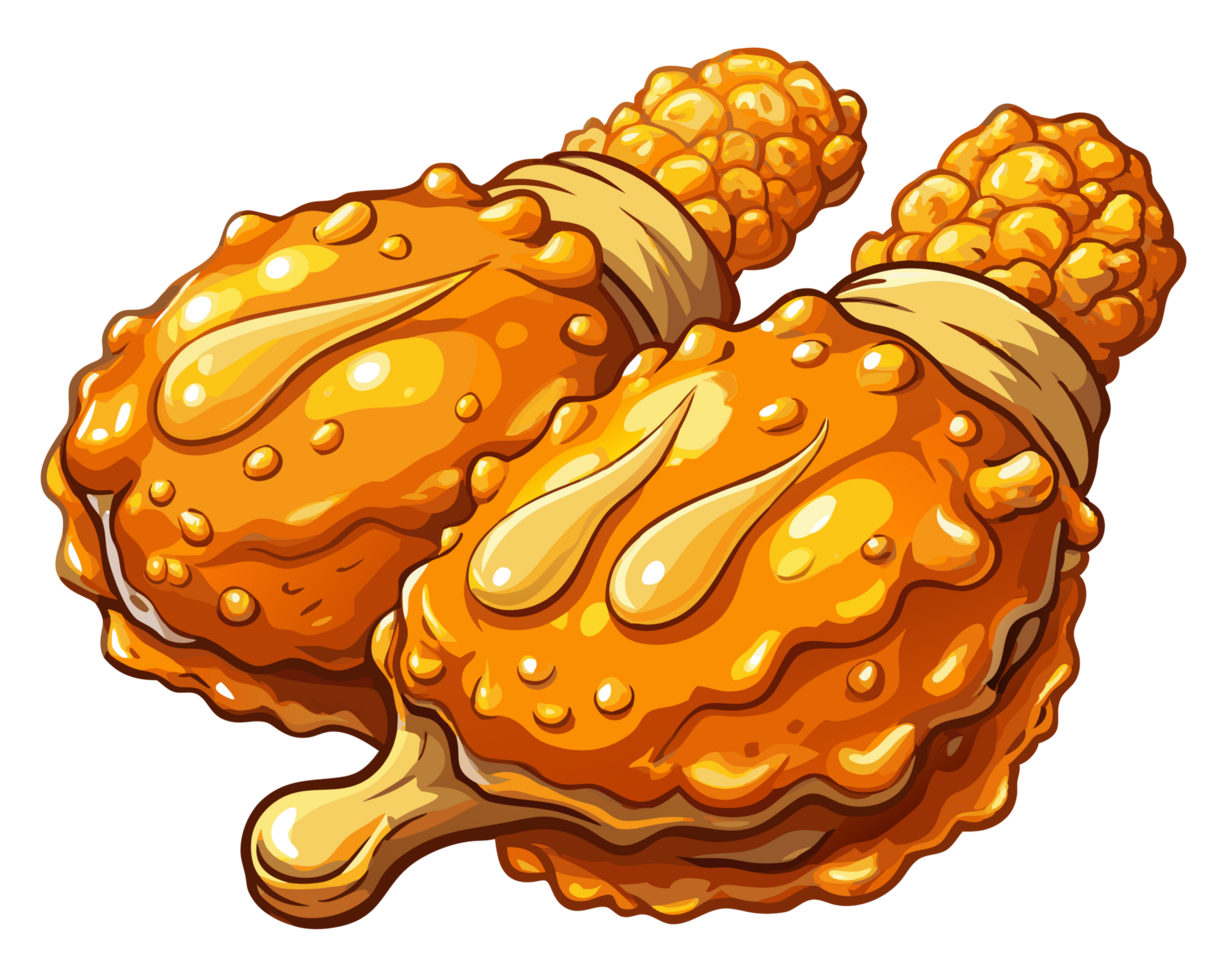 Deep-fried chicken drumstick coated in sticky honey glaze on transparent background png