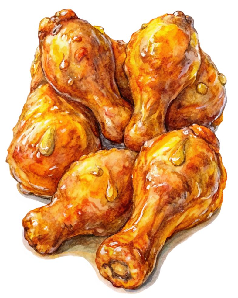 Deep-fried crispy chicken drumstick coated with honey glaze on transparent background png