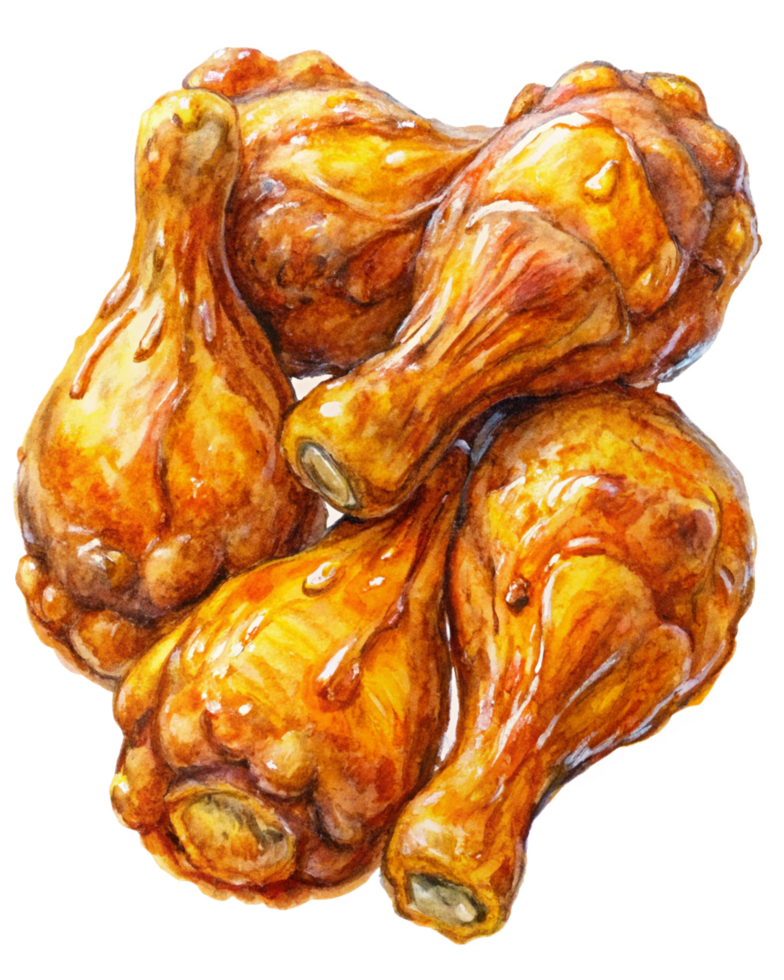Perfectly fried chicken drumstick covered in sticky honey glaze on transparent background png