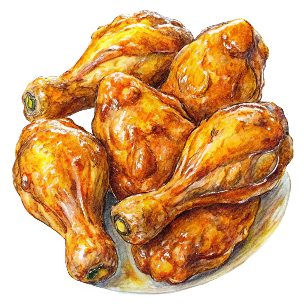 Golden-brown fried chicken drumstick with a honey glaze finish on transparent background png