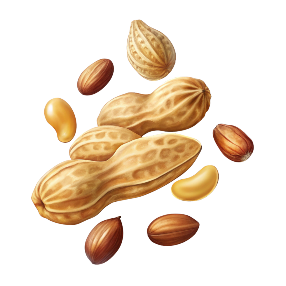 Peanuts scattered naturally with crisp details on transparent background png