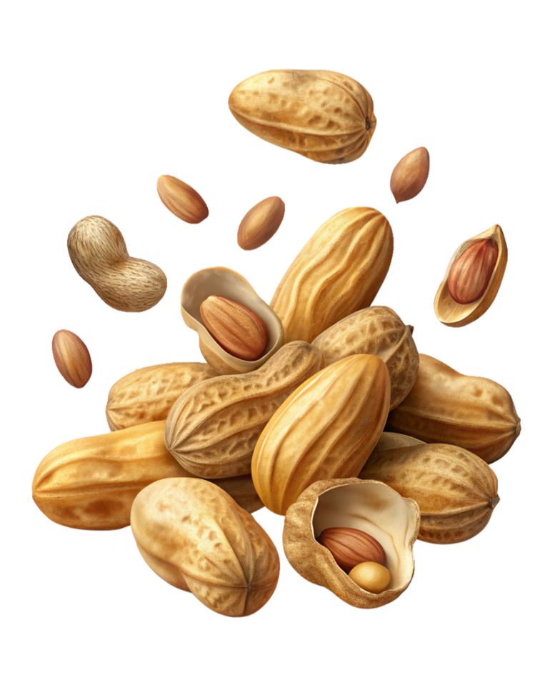 Whole scattered peanuts with visible shell textures on transparent background png