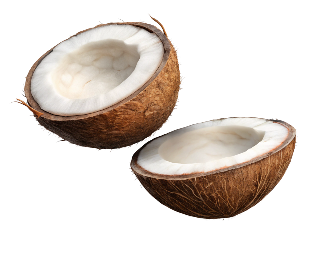 Flying open coconut showing its raw texture on transparent background png